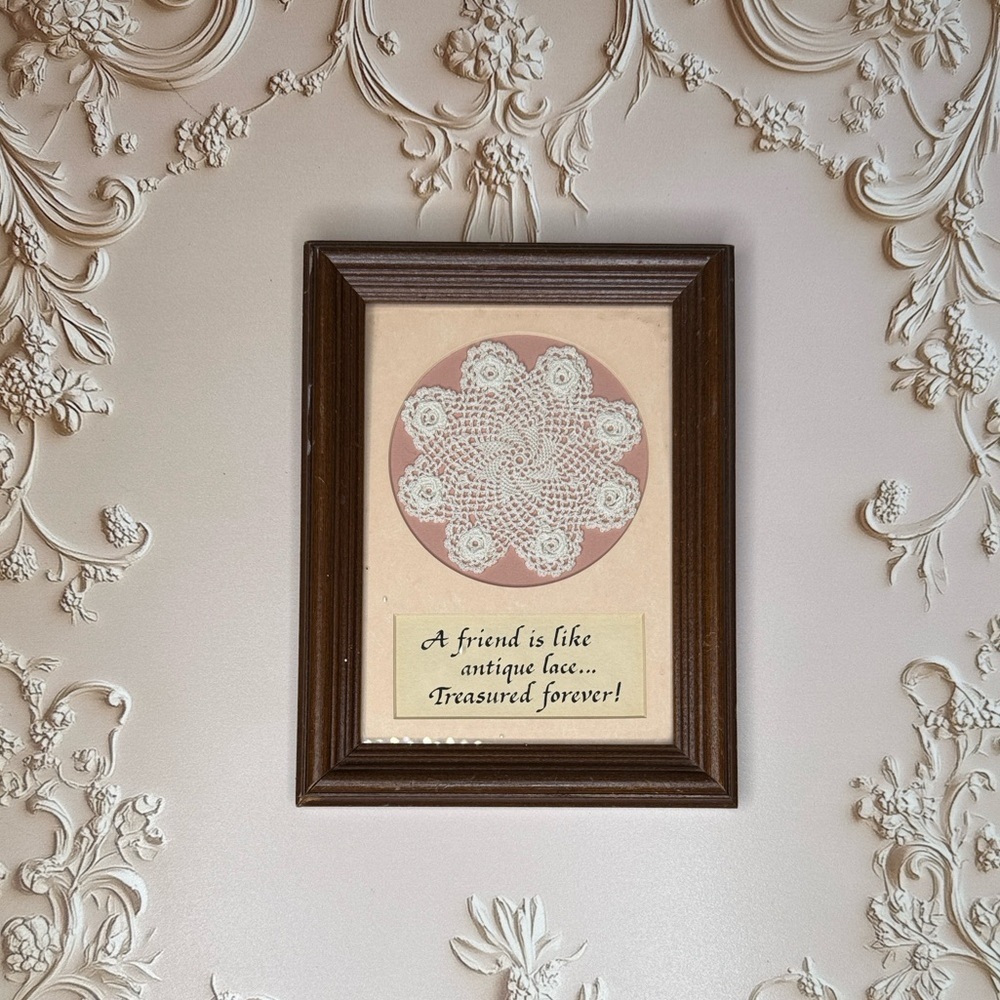 Vintage Framed Antique Lace Art with Quote and Inscription on Back